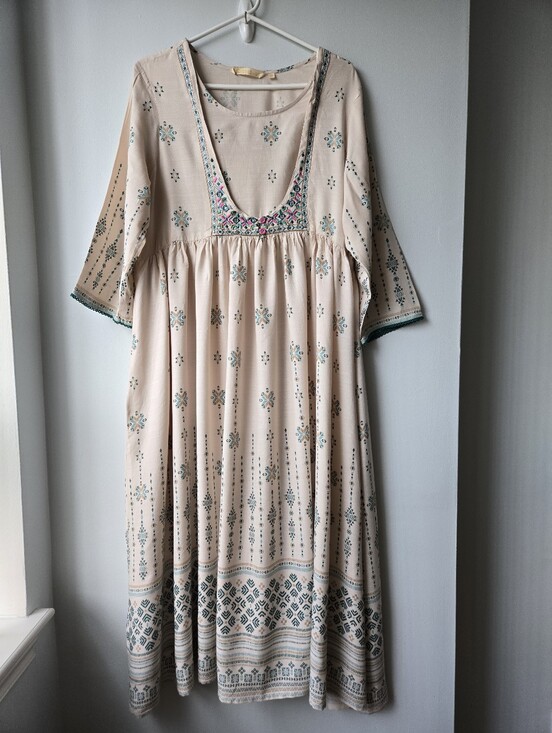 Avasa Dresses & Skirts - Boho Dress Cream Teal Indie Embroidery 2X Maxi Peasant Empire Waist 3/4 Sleeve